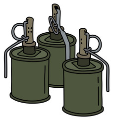 Three old khaki offensive hand grenades