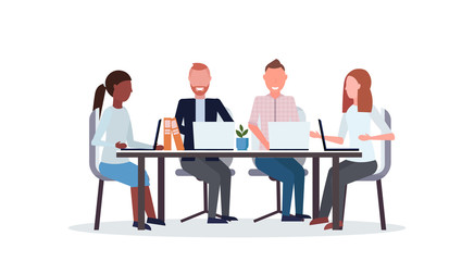 businesspeople group meeting conference mix race coworkers using laptop sitting at round table co-working center workspace flat isolated horizontal