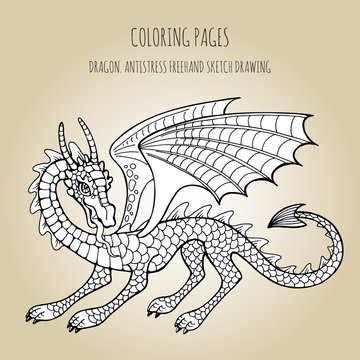 Coloring pages. Coloring book for adults with a fabulous dragon. Anti-stress freehand sketch with doodle elements.
