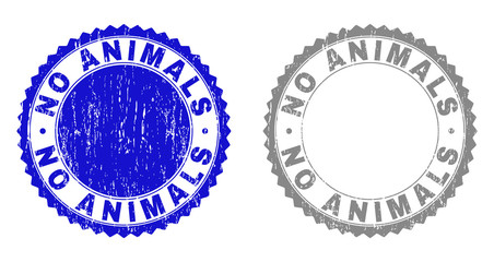 Grunge NO ANIMALS stamp seals isolated on a white background. Rosette seals with distress texture in blue and grey colors. Vector rubber stamp imitation of NO ANIMALS caption inside round rosette.