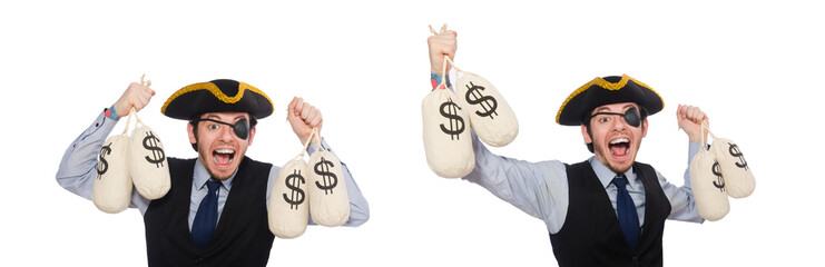 One-eyed man with moneybags isolated on white