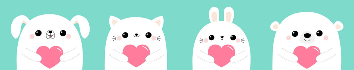 Happy Valentines Day. White dog puppy rabbit hare cat kitten bear head face set holding pink paper heart. Cute cartoon kawaii funny baby animal character. Flat design. Love card. Blue background.