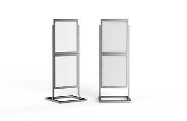 Free standing poster display holder metal stand, mock up template on isolated white background, ready for design presentation, 3d illustration