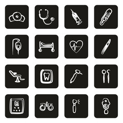 Medical Equipment or Medical Device Icons Freehand White On Black 