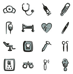 Medical Equipment or Medical Device Icons Freehand 2 Color