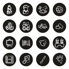 Kindergarten or Day Care Icons Freehand White On Black Circle
