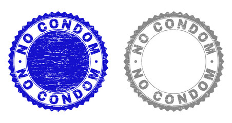 Obraz premium Grunge NO CONDOM watermarks isolated on a white background. Rosette seals with grunge texture in blue and gray colors. Vector rubber stamp imitation of NO CONDOM caption inside round rosette.