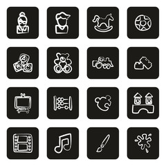 Kindergarten or Day Care Icons Freehand White On Black 