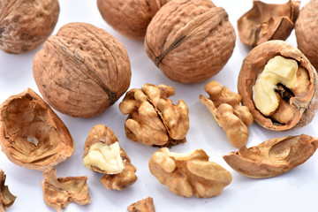 Walnuts on a white background.