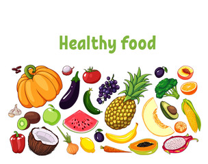 Vector illustration of fruits and vegetables with various edible objects.