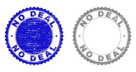 Grunge NO DEAL stamp seals isolated on a white background. Rosette seals with grunge texture in blue and grey colors. Vector rubber stamp imprint of NO DEAL label inside round rosette.