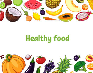 Vector illustration of fruits and vegetables with various edible objects.