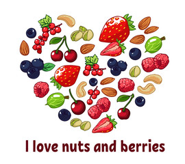 Isolated heart silhouette made of berries and nuts. Healthy food set concept. Hand drawn vector illustration.