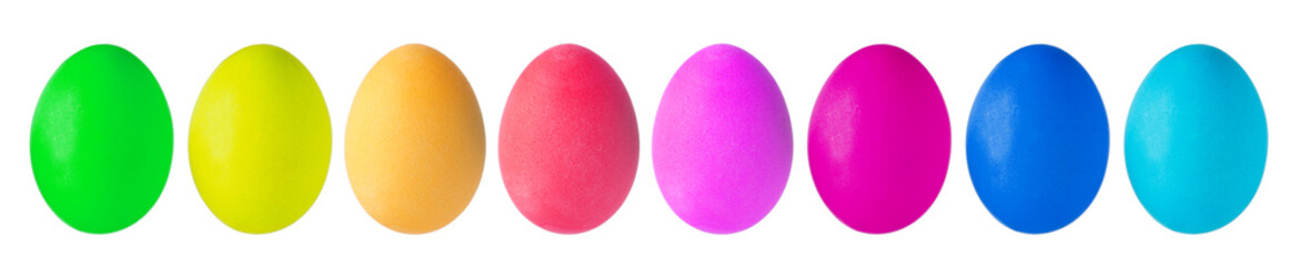 colorful easter eggs in a row, isolated on white background, without shadows and reflection. Big size image.