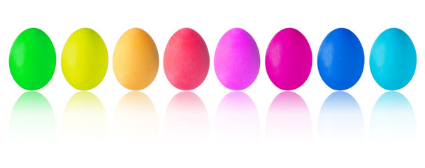 colorful easter eggs in a row, isolated on white background, with reflection. Big size image.