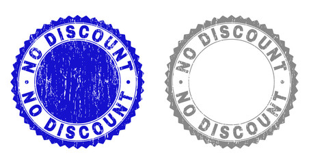 Grunge NO DISCOUNT stamp seals isolated on a white background. Rosette seals with grunge texture in blue and gray colors. Vector rubber stamp imitation of NO DISCOUNT caption inside round rosette.
