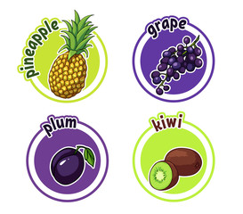 Four stickers with different fruits. Pineapple, grape, plum and kiwi.