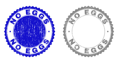 Grunge NO EGGS stamp seals isolated on a white background. Rosette seals with grunge texture in blue and grey colors. Vector rubber stamp imprint of NO EGGS title inside round rosette.