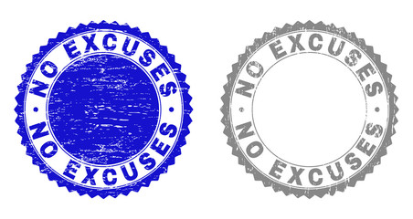 Grunge NO EXCUSES stamp seals isolated on a white background. Rosette seals with distress texture in blue and grey colors. Vector rubber stamp imitation of NO EXCUSES text inside round rosette.