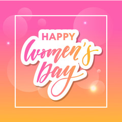 Woman s Day text design with flowers and hearts on square background. Vector illustration. Woman s Day greeting calligraphy design in pink colors. Template for a poster, cards, banner.