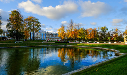 Golden autumn on the lake in sunny day