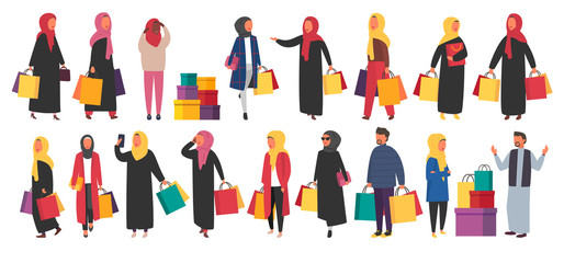 Shopping muslim people with bags. Vector sale illustration