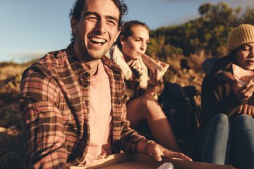 Hikers enjoying pizza