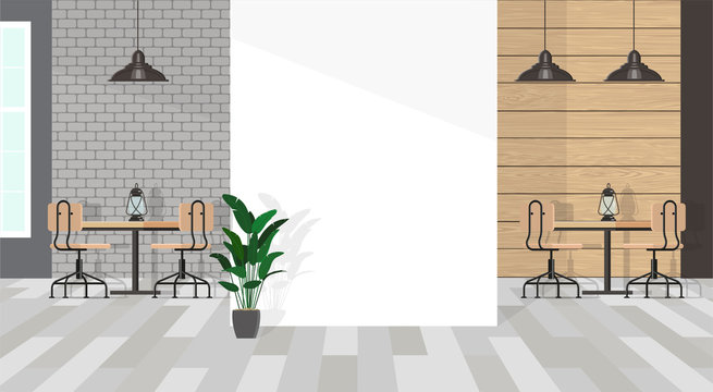 The interior of the cafe in gray tones with a white wall fragment. Minimalistic wooden furniture made of wood and black metal. Vector flat illustration.