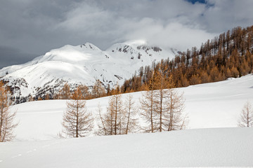 panoramic view of a mountain landscape submerged in snow on a sunny winter day in Switzerland.