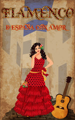 Flamenco.Translation is From Spain with Love. Elegant spanish girl and flamenco guitar. Festival invitation card. vector illustration