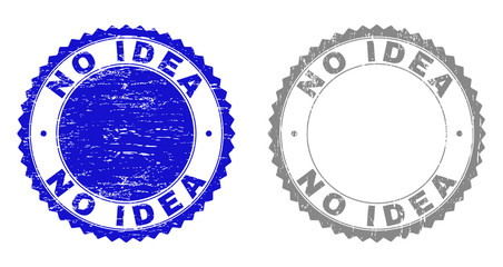 Grunge NO IDEA stamp seals isolated on a white background. Rosette seals with grunge texture in blue and gray colors. Vector rubber overlay of NO IDEA caption inside round rosette.