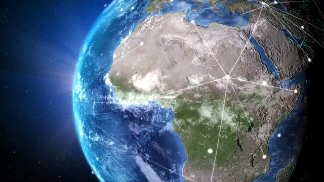 3D Rendering globe with network line spinning and orbit in the universe with lighting effect and dark grain processed world map image source from NASA  - Powered by Adobe