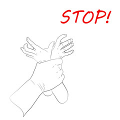 Stop poster. Violence against children. Thin line design vector illustration. Man's hand holding kid's hands. White background.