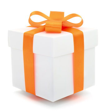 White Gift Box With Orange Ribbon.