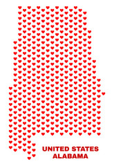 Mosaic Alabama State map of valentine hearts in red color isolated on a white background. Regular red heart pattern in shape of Alabama State map. Abstract design for Valentine illustrations.