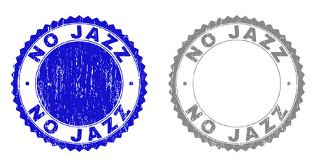 Grunge NO JAZZ stamp seals isolated on a white background. Rosette seals with grunge texture in blue and grey colors. Vector rubber stamp imitation of NO JAZZ title inside round rosette.