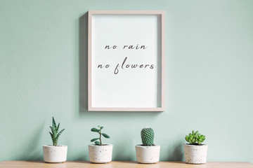 Fototapeta na wymiar Minimalistic home interior with succulents and picture frame