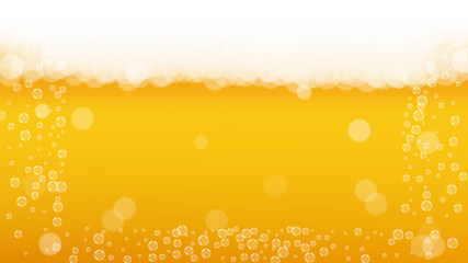 Oktoberfest background. Beer foam. Craft lager splash. German pint of ale with realistic white bubbles. Cool liquid drink for pub flyer template. Yellow glass with oktoberfest.