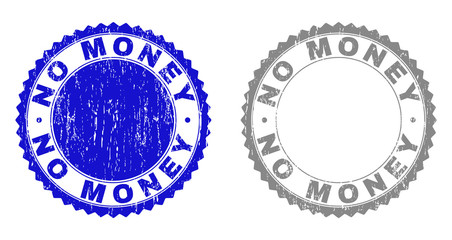 Grunge NO MONEY stamp seals isolated on a white background. Rosette seals with grunge texture in blue and grey colors. Vector rubber stamp imprint of NO MONEY caption inside round rosette.