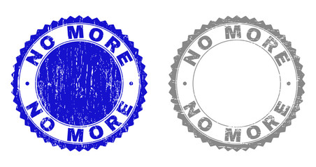 Grunge NO MORE stamp seals isolated on a white background. Rosette seals with grunge texture in blue and grey colors. Vector rubber overlay of NO MORE text inside round rosette.