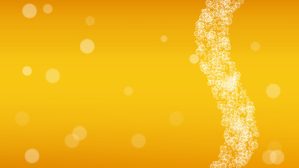 Craft beer background. Lager splash. Oktoberfest foam. restaurant banner concept. Pour pint of ale with realistic white bubbles. Cool liquid drink for Gold bottle with craft beer background.