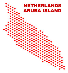 Mosaic Aruba Island map of love hearts in red color isolated on a white background. Regular red heart pattern in shape of Aruba Island map. Abstract design for Valentine illustrations.