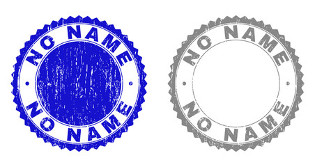 Grunge NO NAME stamp seals isolated on a white background. Rosette seals with distress texture in blue and grey colors. Vector rubber watermark of NO NAME tag inside round rosette.