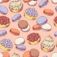 Seamless pattern with hand drawn creamy biscuit, french macaroons and tarts with berries. Hand drawn vector illustration in vintage engraving style on pink background. Sweet colorful dessert