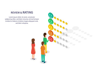 Customer review. Stars rating. Feedback emotion. Rating system isometric concept