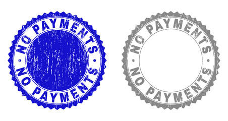 Grunge NO PAYMENTS stamp seals isolated on a white background. Rosette seals with grunge texture in blue and grey colors. Vector rubber stamp imitation of NO PAYMENTS caption inside round rosette.