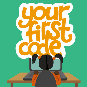 A vector image of a black girl sitting at the desk and coding on the laptop with a green background. IT for children illustration. Your first code