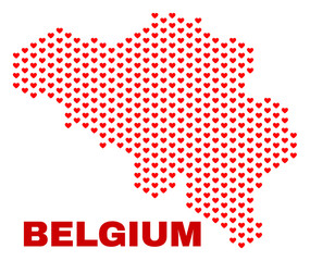 Mosaic Belgium map of heart hearts in red color isolated on a white background. Regular red heart pattern in shape of Belgium map. Abstract design for Valentine illustrations.