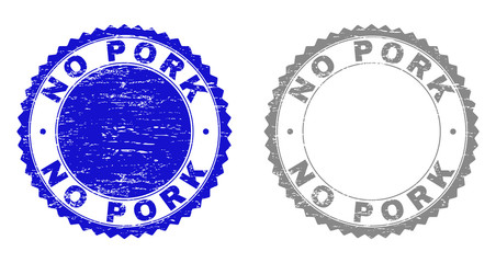 Grunge NO PORK stamp seals isolated on a white background. Rosette seals with grunge texture in blue and gray colors. Vector rubber overlay of NO PORK text inside round rosette.