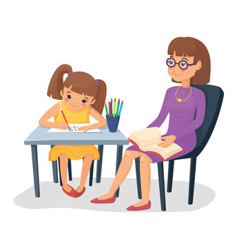 Mother  helping her daughter with homework. Girl doing schoolwork with mom or teacher. Vector illustration. Cartoon flat style.